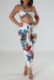 White Sexy Print Backless Fold Strapless Sleeveless Two Pieces
