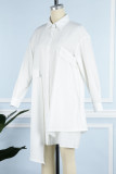 Weiße, lässige, solide Patchwork-Schnalle, asymmetrisches Umlegekragen-Hemdkleid