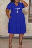 ブルー カジュアル プリント パッチワーク V ネック ショート スリーブ ドレス プラス サイズ ドレス