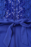 Macacão regular de lantejoulas de patchwork azul fashion sexy transparente com gola alta