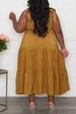 Vestido sling amarelo casual doce sólido curativo patchwork dobra espaguete vestidos de tamanho grande