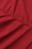 Vestidos de retalhos sólidos casuais vermelhos transparentes com decote em O e manga longa