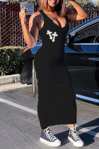 ブラック セクシー ソリッド 刺繍 パッチワーク Uネック ペンシル スカート ドレス