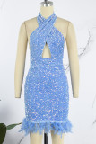 Blue Sexy Patchwork Sequins Backless Halter Sleeveless Dress Dresses