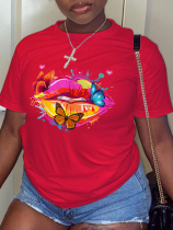 Rote Straßen-Lippen bedruckte Patchwork-T-Shirts mit O-Ausschnitt