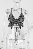 Zwart Sexy Patchwork Hot Drilling Bandage Backless Butterfly Halter Tops