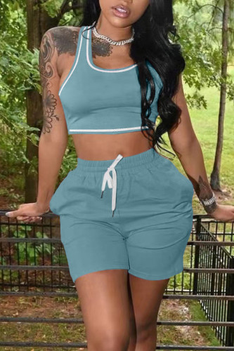Cyan Casual Solid Patchwork U Neck Two Pieces Tank Crop Tops And Short Sets
