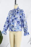 Blue Casual Print Patchwork Ribbon Collar Tops