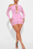 Pink Sexy Solid Hollowed Out Patchwork See-through Pearl Oblique Collar Skinny Rompers
