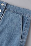 ブルー カジュアル ソリッド パッチワーク スリット 非対称 ハイウエスト レギュラー デニム スカート