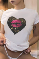 T-shirts Casual Street Lips Imprimé Patchwork Lettre O Cou Blanc