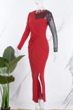 Red Casual Solid Patchwork See-through Slit O Neck Long Sleeve Dresses