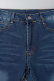 Jeans skinny in denim a vita alta strappati casual blu scuro