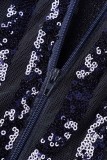 Blå sexiga patchwork tofs paljetter Genomskinliga halva turtleneck långärmade klänningar