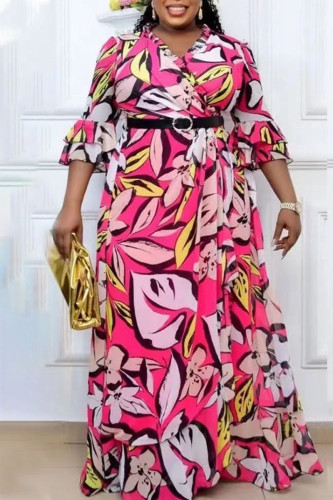 Rose Red Casual Print Patchwork With Belt V Neck Printed Dress Plus Size Dresses