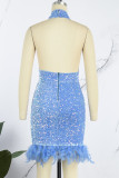 Blauwe sexy patchwork pailletten backless halter mouwloze jurk jurken