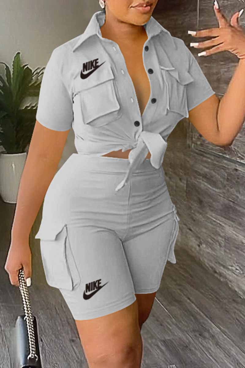

Grey Casual Print Letter Turndown Collar Short Sleeve Two Pieces