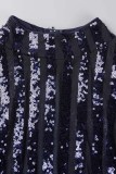 Blue Sexy Patchwork Tassel Sequins See-through Half A Turtleneck Long Sleeve Dresses