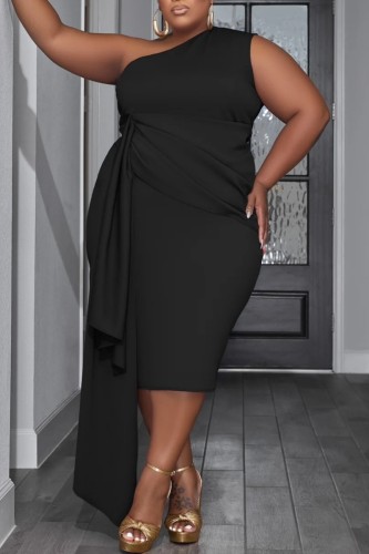 Robe sans manches à col oblique et dos nu en patchwork uni noir Robes de grande taille
