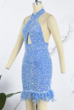 Blauwe sexy patchwork pailletten backless halter mouwloze jurk jurken