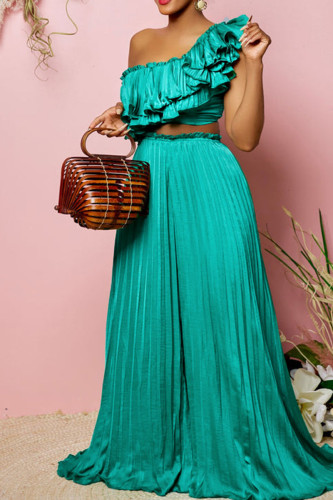 Green Sexy Solid Patchwork Flounce Fold Oblique Collar Sleeveless Two Pieces