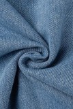 Hellblauer, lässiger, solider Patchwork-Schlitz, asymmetrisch, hohe Taille, normale Jeansröcke