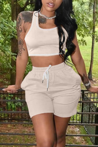 Apricot Casual Solid Patchwork U Neck Two Pieces Tank Crop Tops And Short Sets