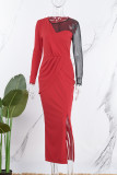 Rode casual effen patchwork doorzichtige split O-hals jurken met lange mouwen