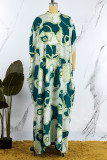 Vestido largo de cuello alto con estampado informal de patchwork verde Vestidos