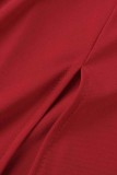 赤 カジュアル ソリッド パッチワーク シースルー スリット O ネック ロング スリーブ ドレス