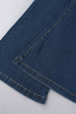 Голубые повседневные однотонные джинсы со средней посадкой в ​​стиле пэчворк со средней посадкой