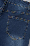 Темно-синие повседневные однотонные рваные джинсы скинни с высокой талией