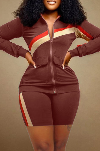 Brown Casual Striped Patchwork Zipper Collar Long Sleeve Two Pieces