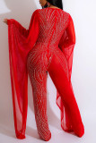 Red Sexy Solid Patchwork See-through Hot Drill V Neck Regular Jumpsuits