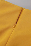 Amarelo elegante impressão patchwork gola de fita manga curta duas peças