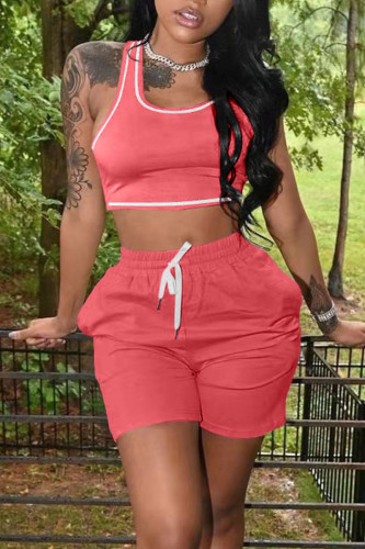Pink Casual Solid Patchwork U Neck Two Pieces Tank Crop Tops And Short Sets