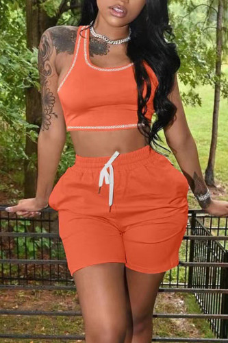 Orange Red Casual Solid Patchwork U Neck Two Pieces Tank Crop Tops And Short Sets