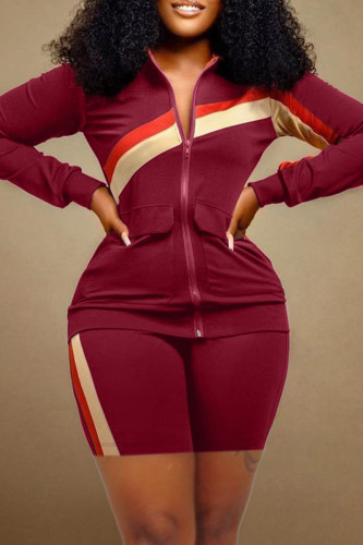 Burgundy Casual Striped Patchwork Zipper Collar Long Sleeve Two Pieces