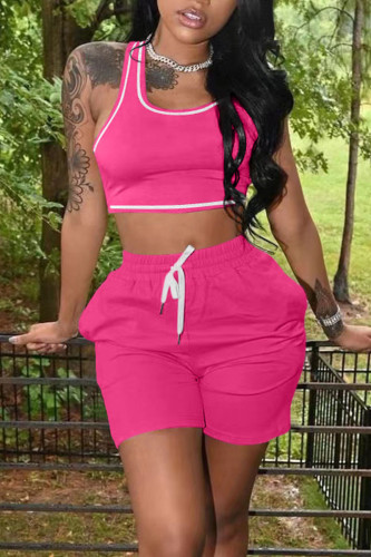 Rose Red Casual Solid Patchwork U Neck Two Pieces Tank Crop Tops And Short Sets