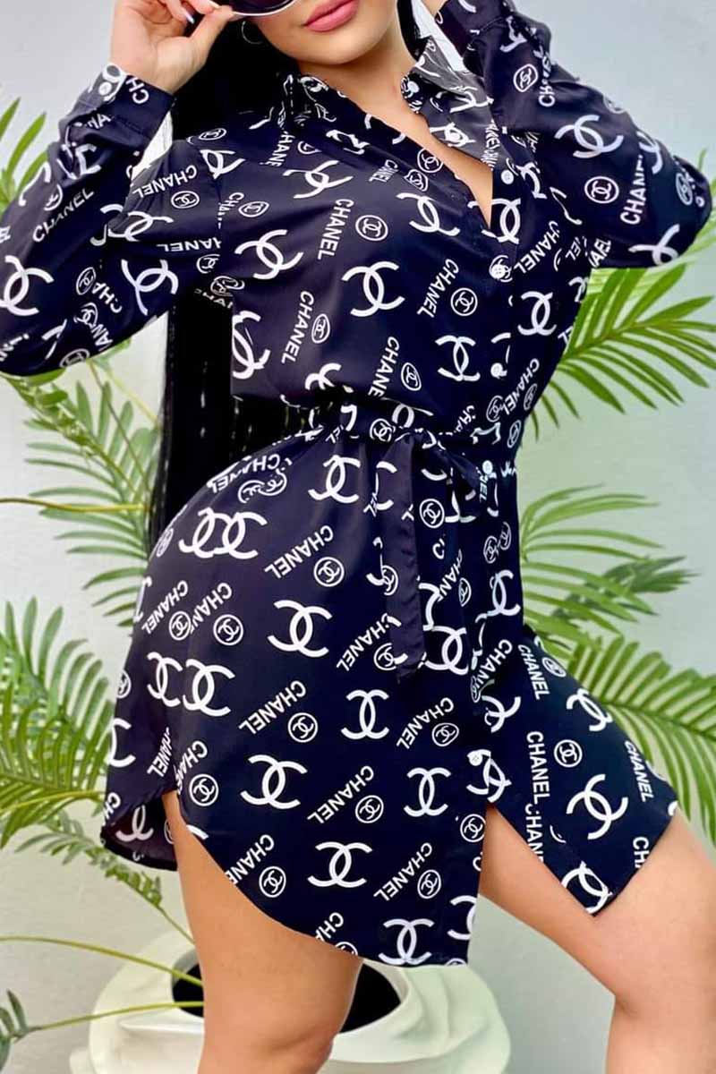 

Black Street Print Letter With Belt Turndown Collar Shirt Dress Dresses