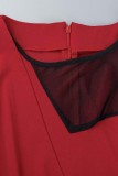Robes à manches longues rouges décontractées en patchwork transparent fendu à col rond