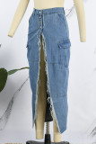 Saia jeans regular azul claro casual patchwork com fenda alta cintura alta