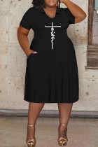 Vestido de manga corta con cuello en V y patchwork estampado informal negro Vestidos de talla grande