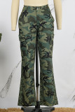 Verde militar Calça casual estampa camuflada patchwork regular cintura média convencional estampa completa