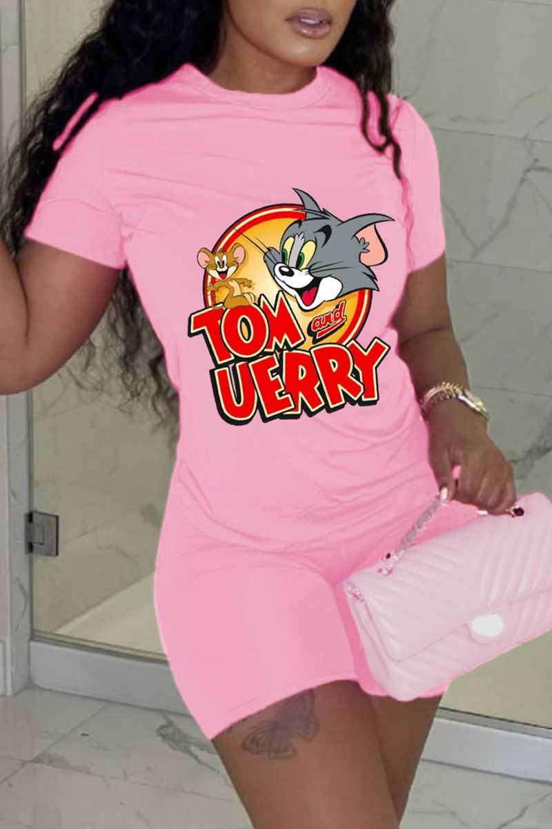 

Pink Casual Character Print Letter O Neck Short Sleeve Two Pieces
