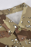 Kaki casual street print patchwork pocket gesp turndown kraag bovenkleding