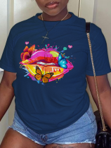 Camisetas con cuello en O de patchwork estampado de labios de calle azul marino