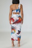 White Sexy Print Backless Fold Strapless Sleeveless Two Pieces