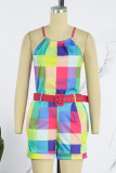 Multicolor Casual Print With Belt O Neck Sleeveless Two Pieces