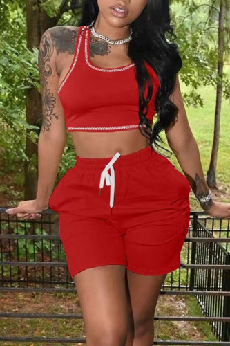 Red Casual Solid Patchwork U Neck Two Pieces Tank Crop Tops And Short Sets
